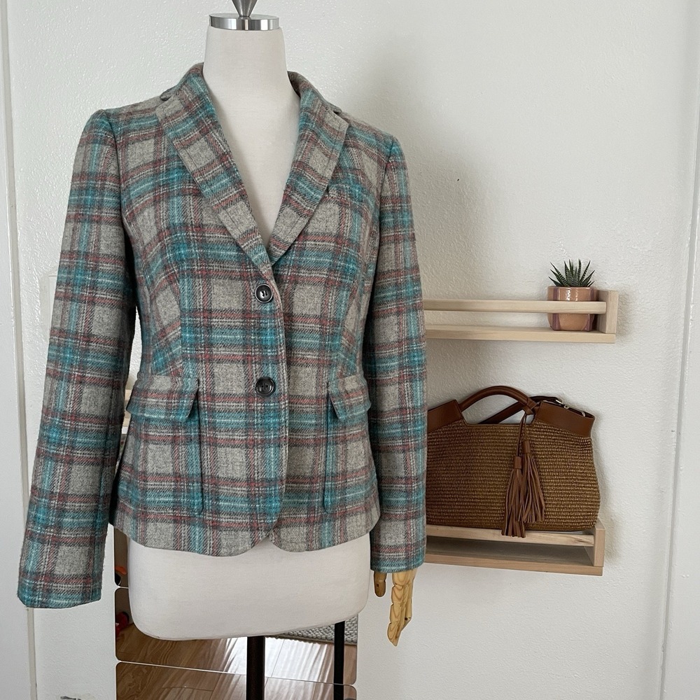 Talbots Wool Blend Notched Collar Plaid‎ Turquoise Gray Blazer Size 6
